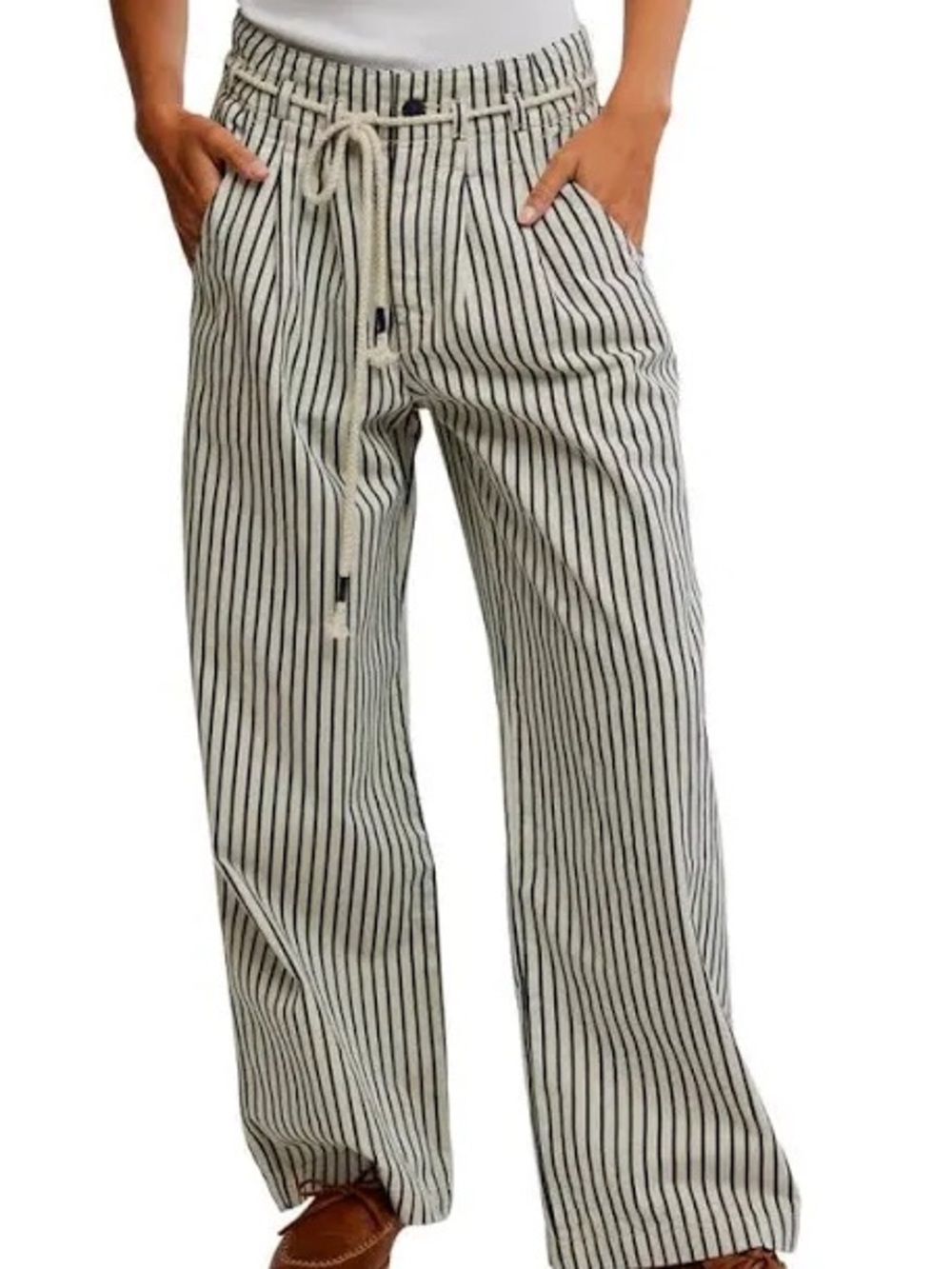 Striped Drawstring Wide-Leg Pants - Black on Cream